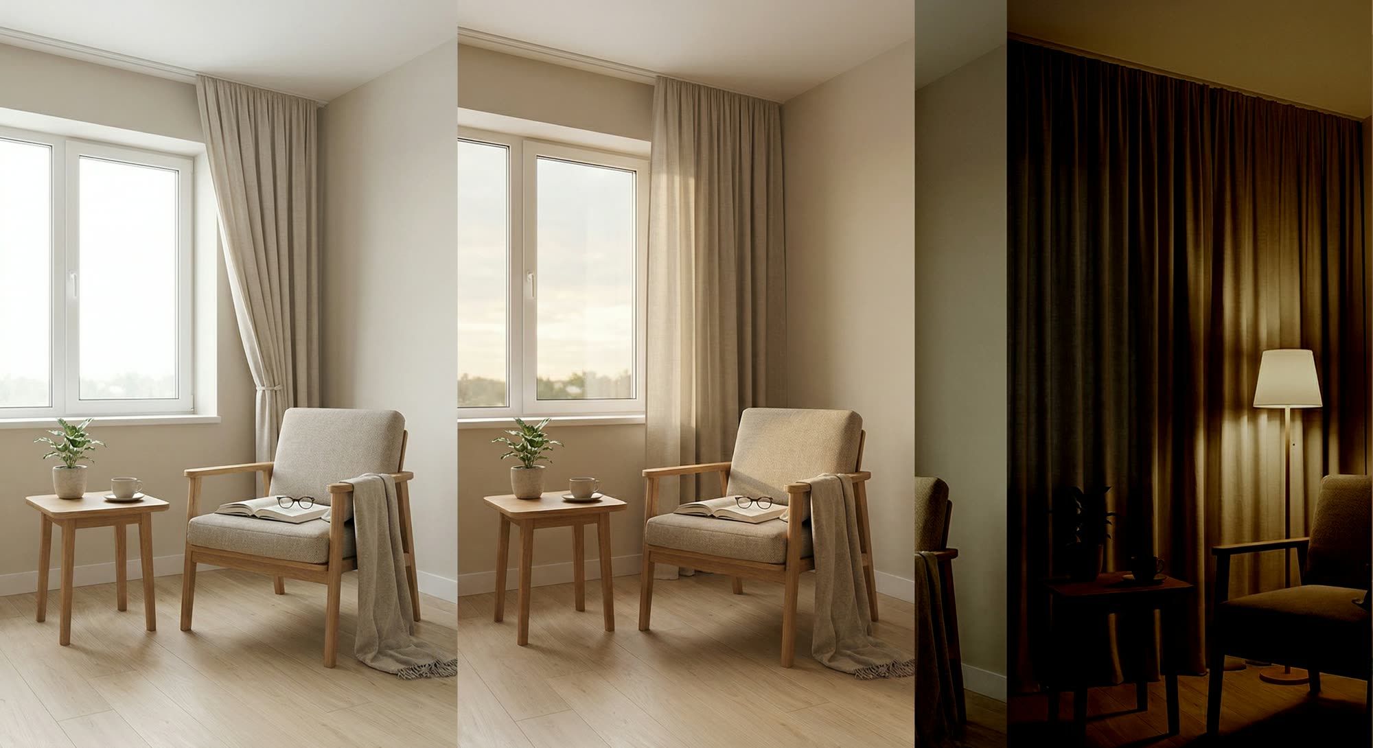 Jeden interiér v několika světelných režimech během dne: denní, přechodový a klidový